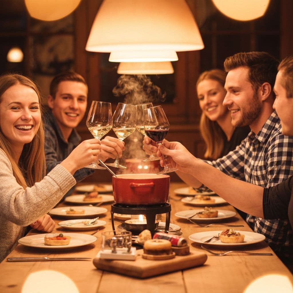 Groep aan tafel bij een restaurant in de bergen